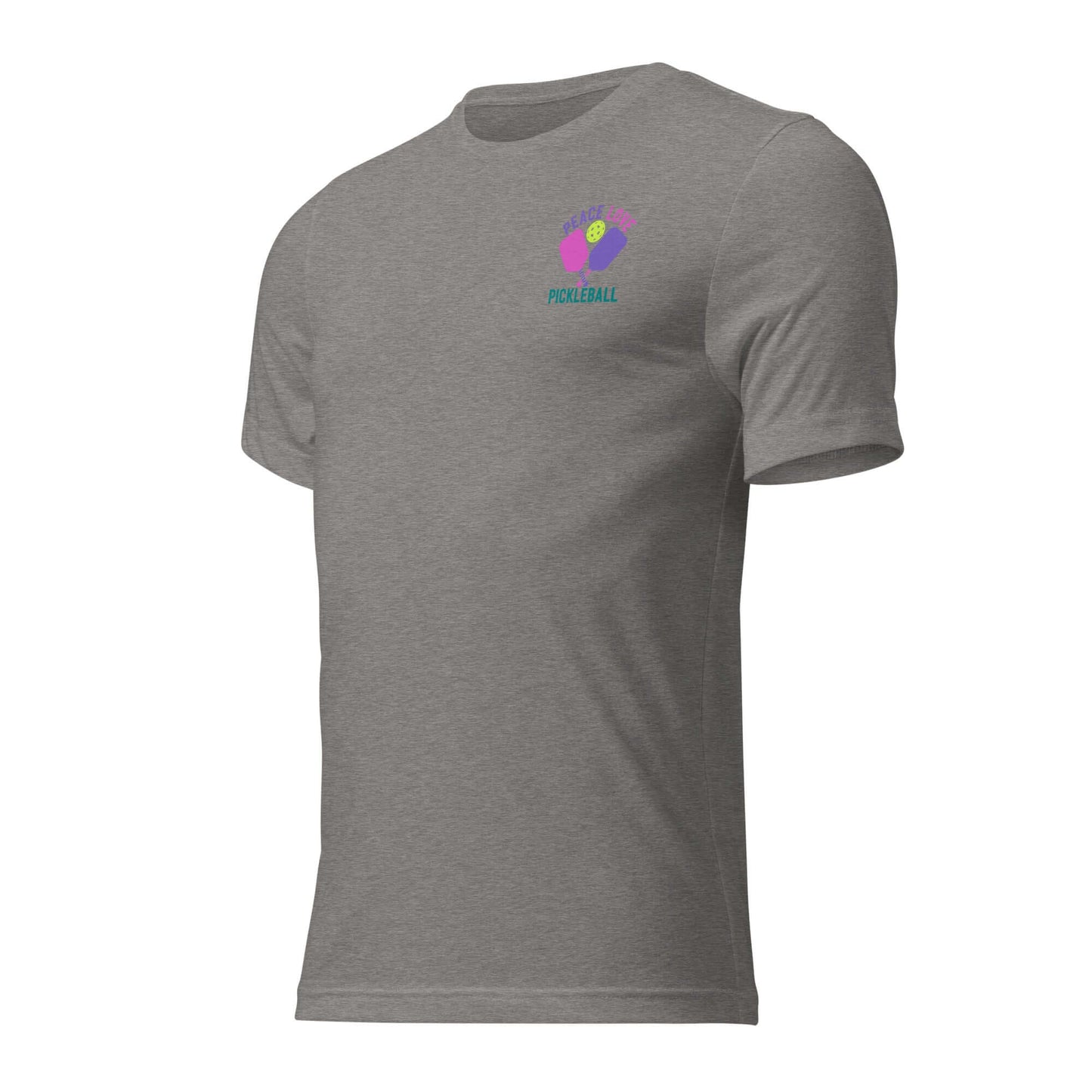 Women's short sleeve gray t-shirt featuring peace, love, and pickleball design, perfect for sports and casual wear.