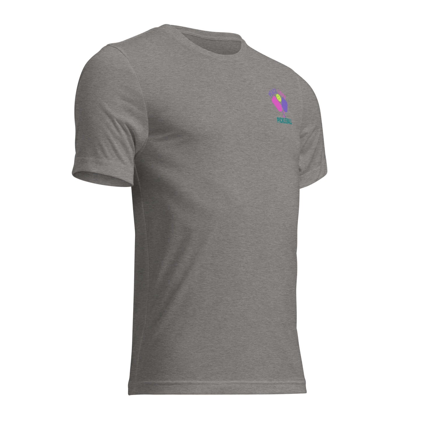 Women's Peace, Love, Pickleball Short Sleeve T-Shirt in gray, perfect for pickleball enthusiasts and casual wear.