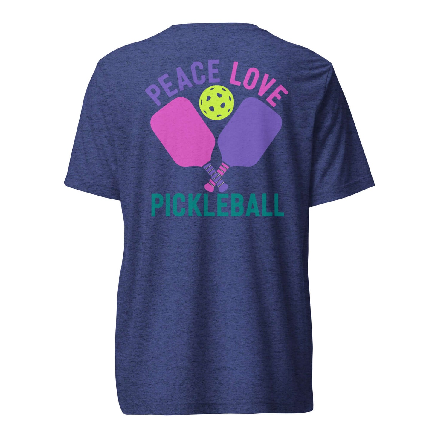 Back view of women's short sleeve t-shirt featuring 'Peace Love Pickleball' design with paddles and a pickleball.