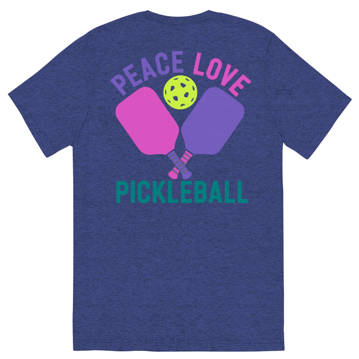 Women's short sleeve t-shirt featuring a vibrant 'Peace Love Pickleball' design with paddles and a pickleball.
