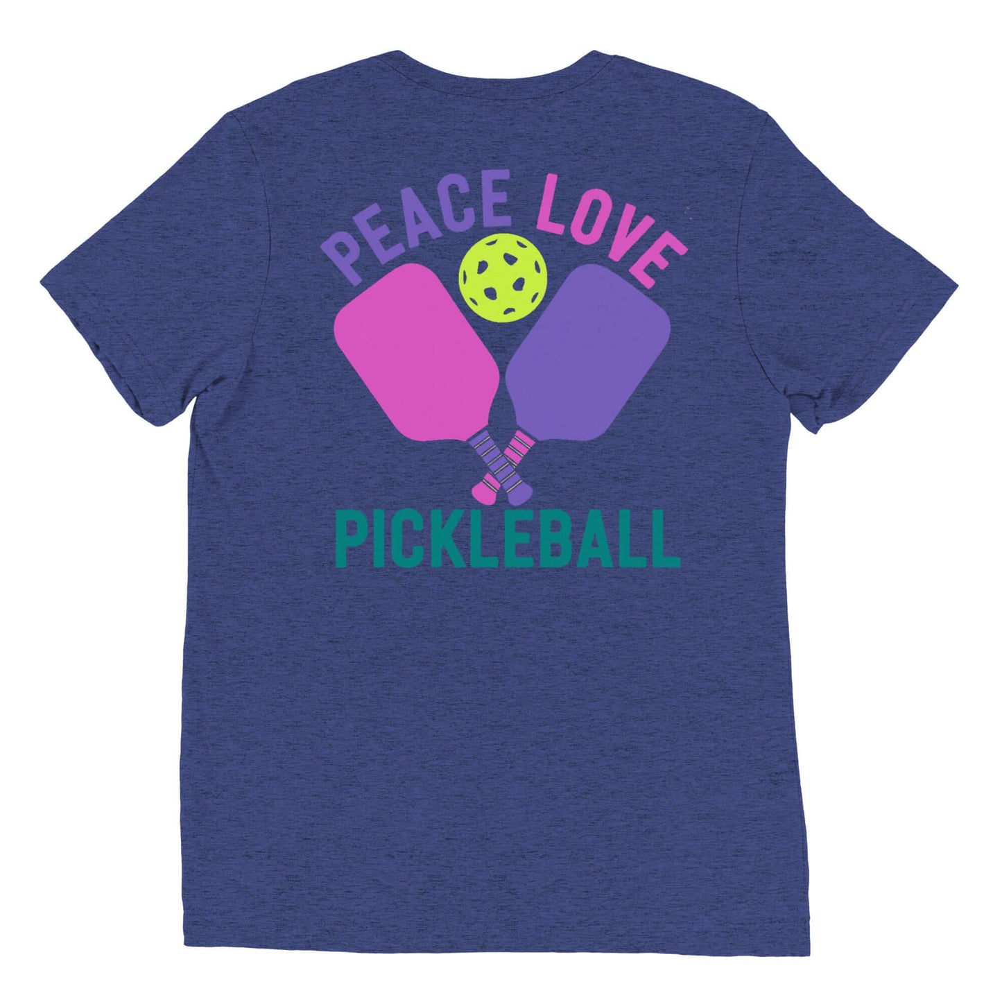 Women's Peace, Love, Pickleball Short Sleeve T-Shirt with colorful paddles and ball design on back.