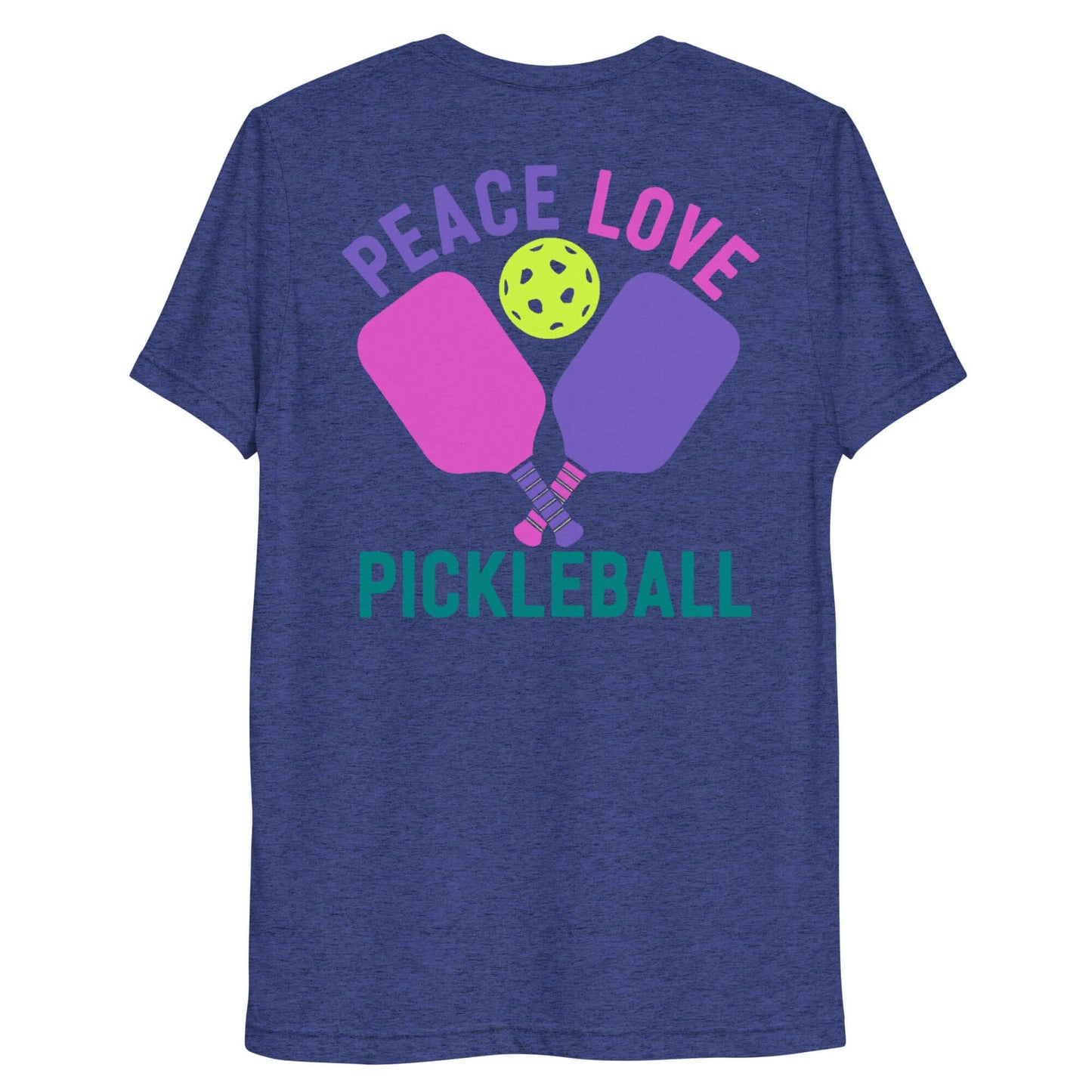 Back view of Women's Peace, Love, Pickleball Short Sleeve T-Shirt featuring pickleball paddles and ball graphic.
