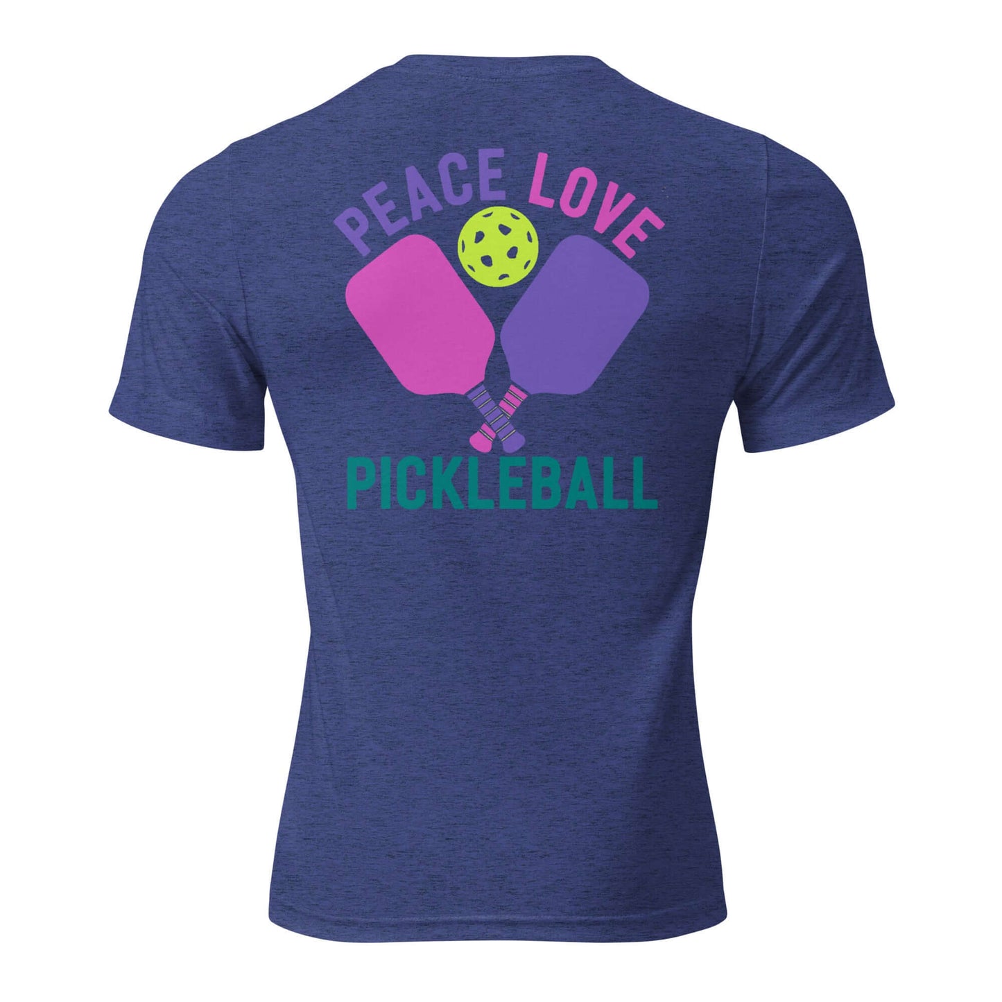 Back view of Women's Peace, Love, Pickleball Short Sleeve T-Shirt featuring paddles and a pickleball graphic.
