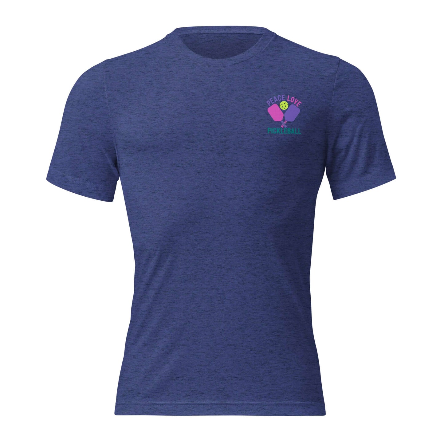 Women's Peace, Love, Pickleball Short Sleeve T-Shirt in navy blue, showcasing a stylish pickleball graphic.