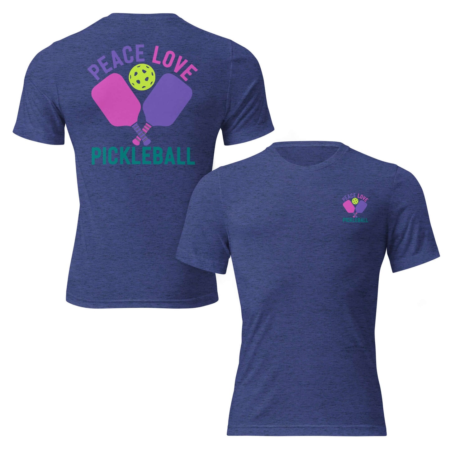 Women's Peace, Love, Pickleball Short Sleeve T-Shirt with vibrant graphics on navy fabric.