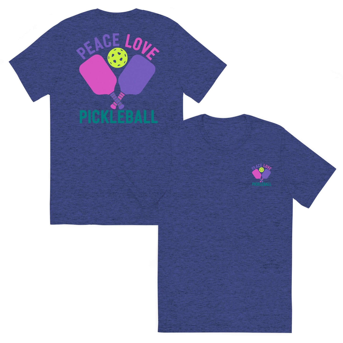 Women's blue short sleeve t-shirt featuring 'Peace Love Pickleball' design and graphic paddles.