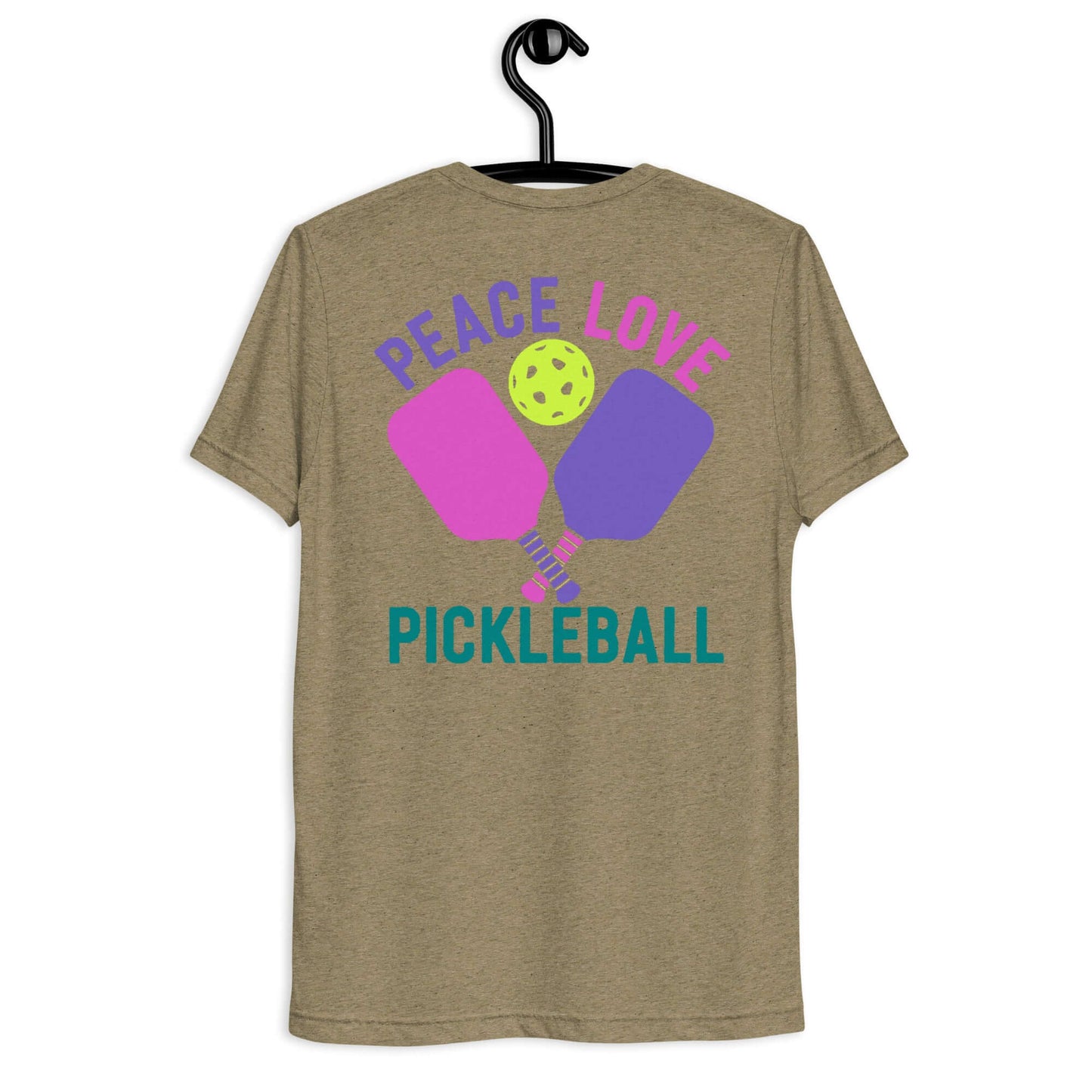 Back view of Women's Peace Love Pickleball Short Sleeve T-Shirt in olive green with colorful graphic design.