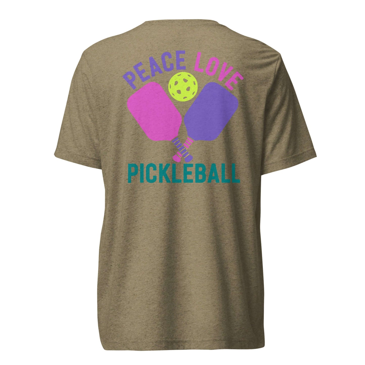 Back view of Women’s Peace, Love, Pickleball Short Sleeve T-Shirt featuring vibrant pickleball graphics.