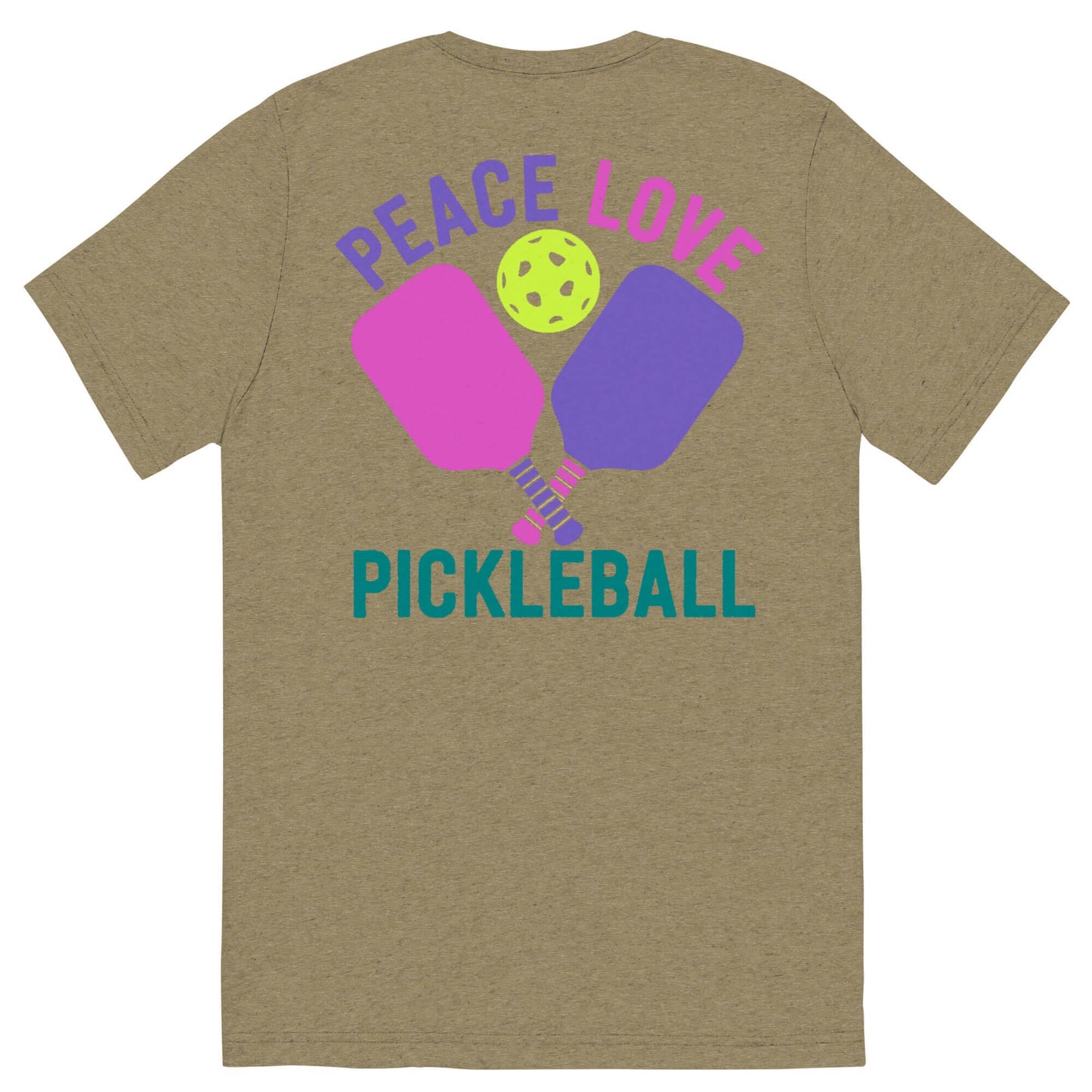 Back view of Women's Peace, Love, Pickleball Short Sleeve T-Shirt featuring colorful graphic design.