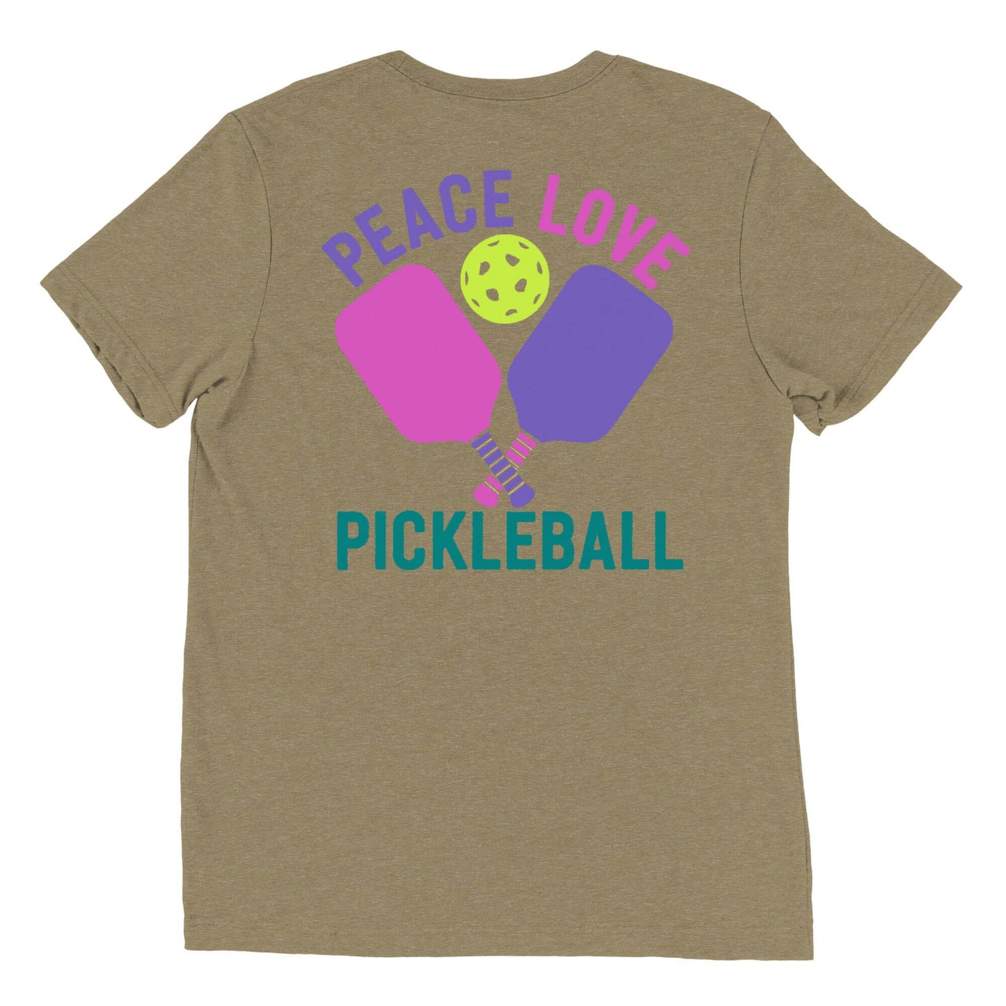 Back view of Women's Peace, Love, Pickleball Short Sleeve T-Shirt featuring colorful paddles and a pickleball graphic.