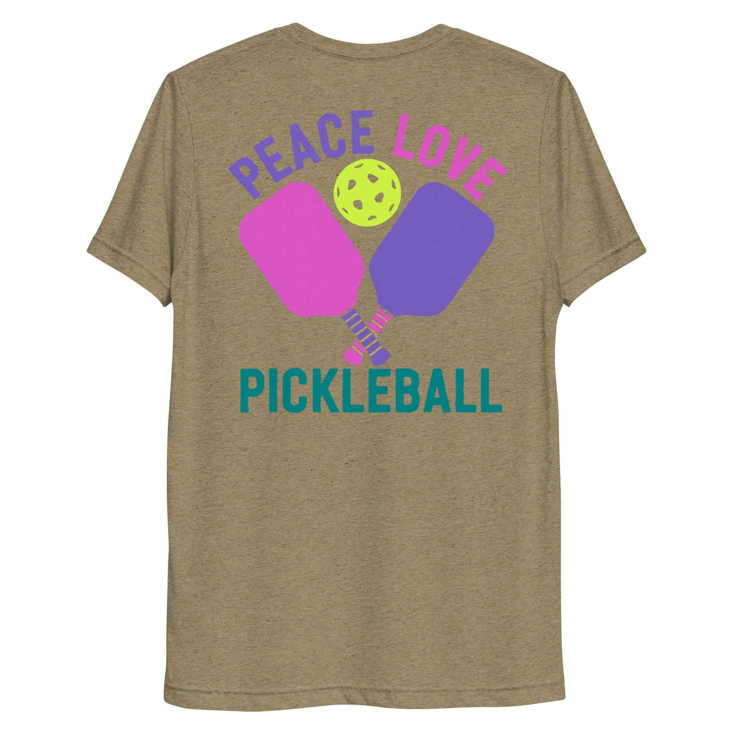 Women's short sleeve t-shirt featuring pickleball paddles and the text 'Peace Love Pickleball' on the back.