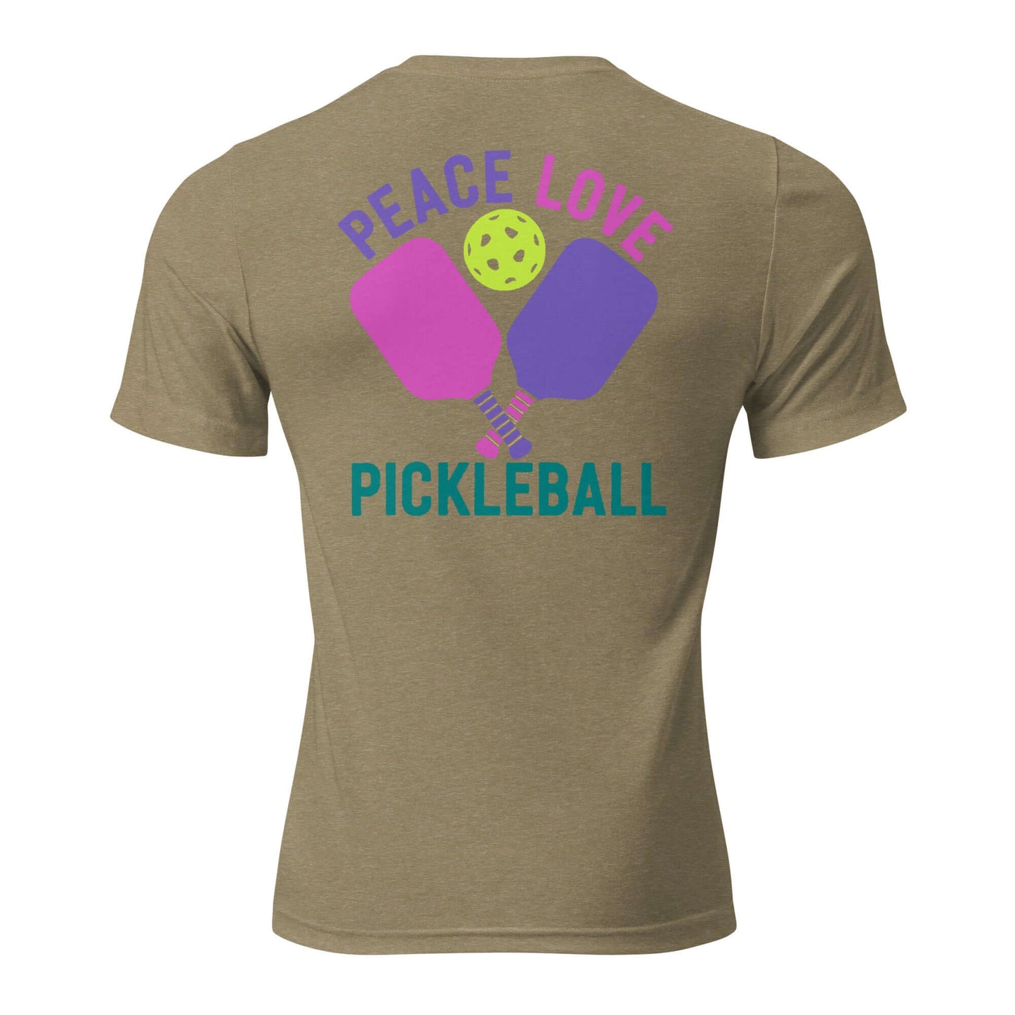 Back view of Women's Peace, Love, Pickleball Short Sleeve T-Shirt featuring colorful paddles and pickleball graphic.