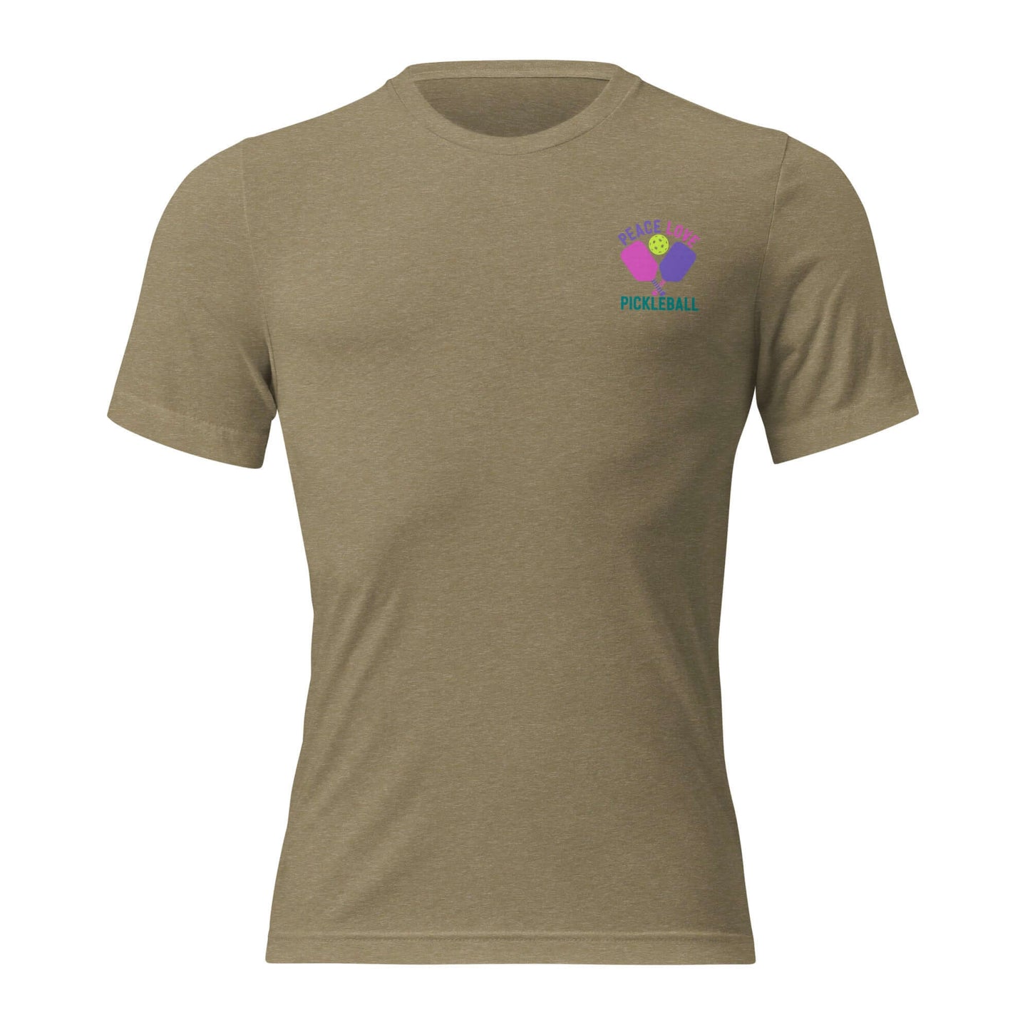 Men's short sleeve pickleball t-shirt in olive green with colorful graphic design.