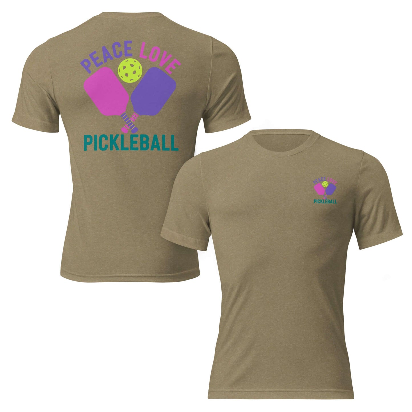 Women’s Peace, Love, Pickleball Short Sleeve T-Shirt featuring colorful graphics on olive green.