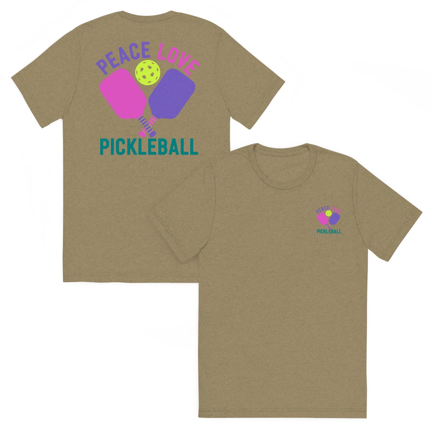 Women's Peace, Love, Pickleball Short Sleeve T-Shirt in olive green with colorful design.