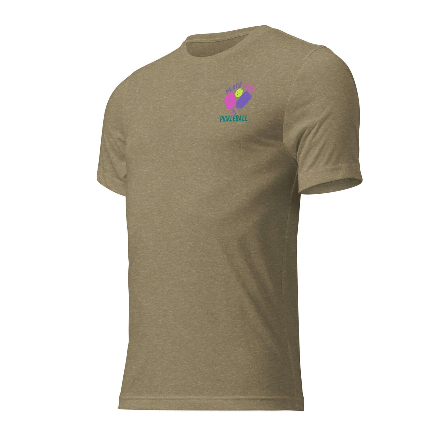 Women's olive green Peace, Love, Pickleball short sleeve t-shirt, perfect for enthusiasts and casual wear.