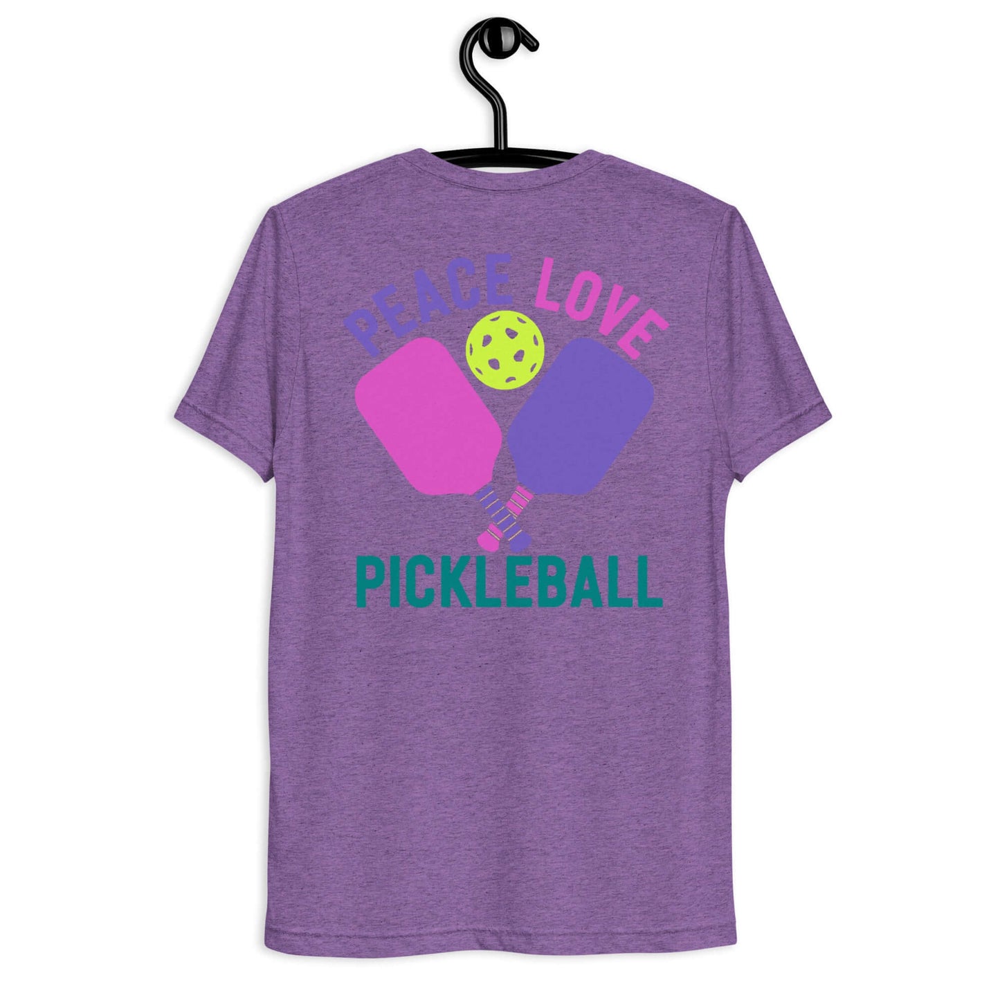 Women's purple Peace, Love, Pickleball short sleeve t-shirt featuring paddles and a ball design.