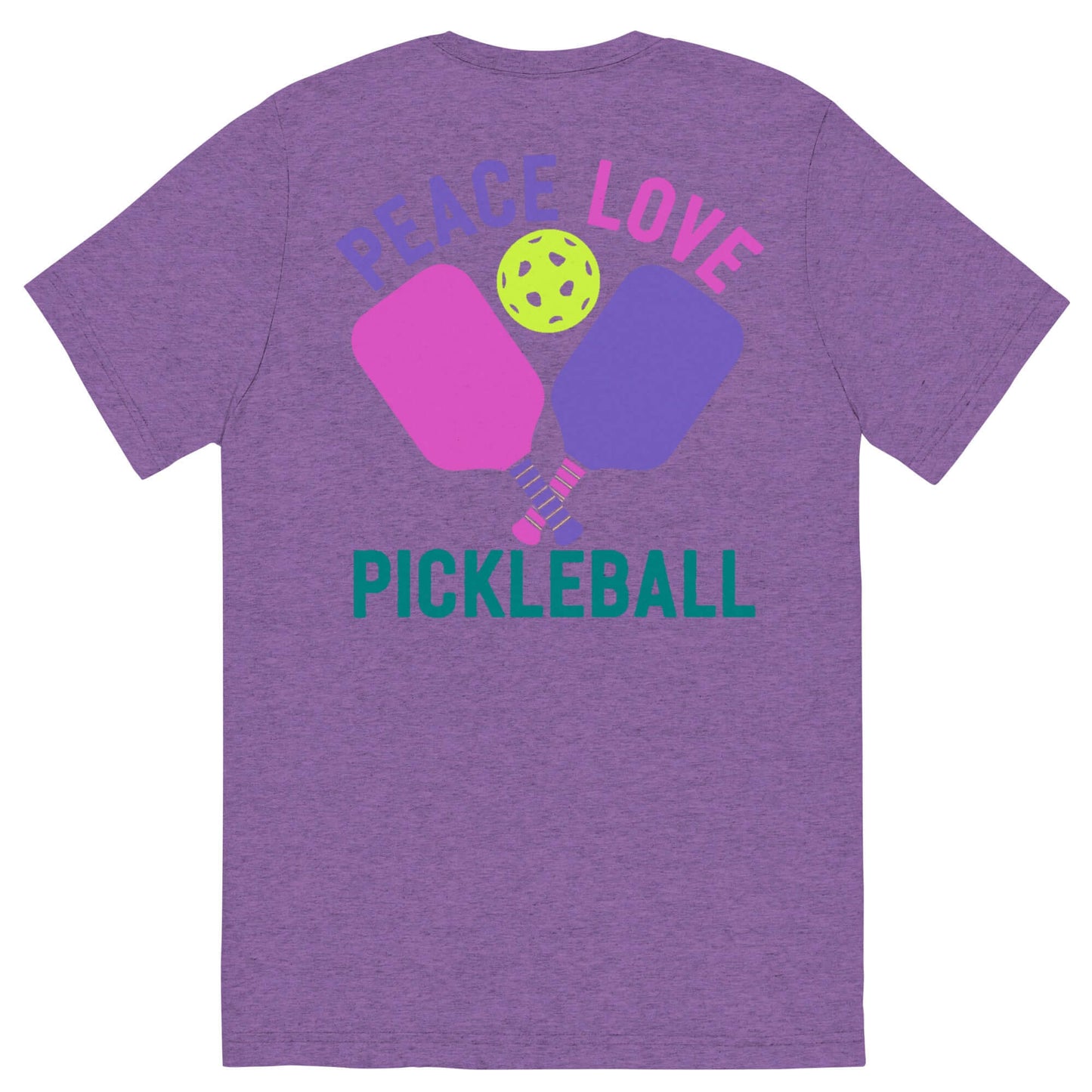 Back view of Women's Peace, Love, Pickleball Short Sleeve T-Shirt featuring colorful paddles and a pickleball design.