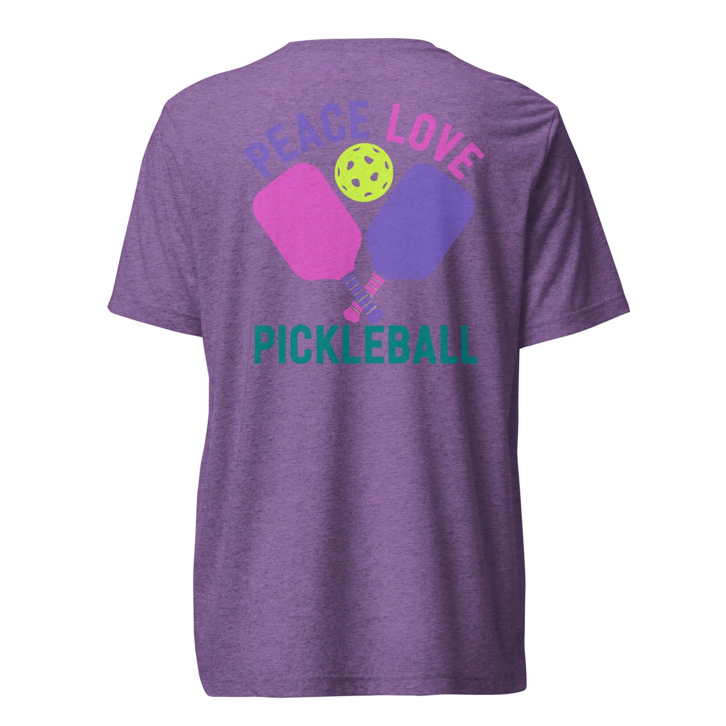 Back view of Women's Peace Love Pickleball Short Sleeve T-Shirt in purple with graphic design of paddles and pickleball.