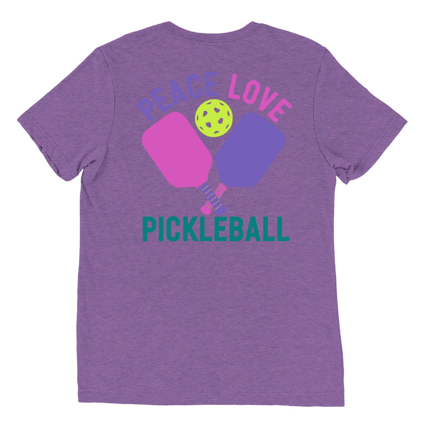 Back view of Women's Peace, Love, Pickleball Short Sleeve T-Shirt in purple with graphic design.
