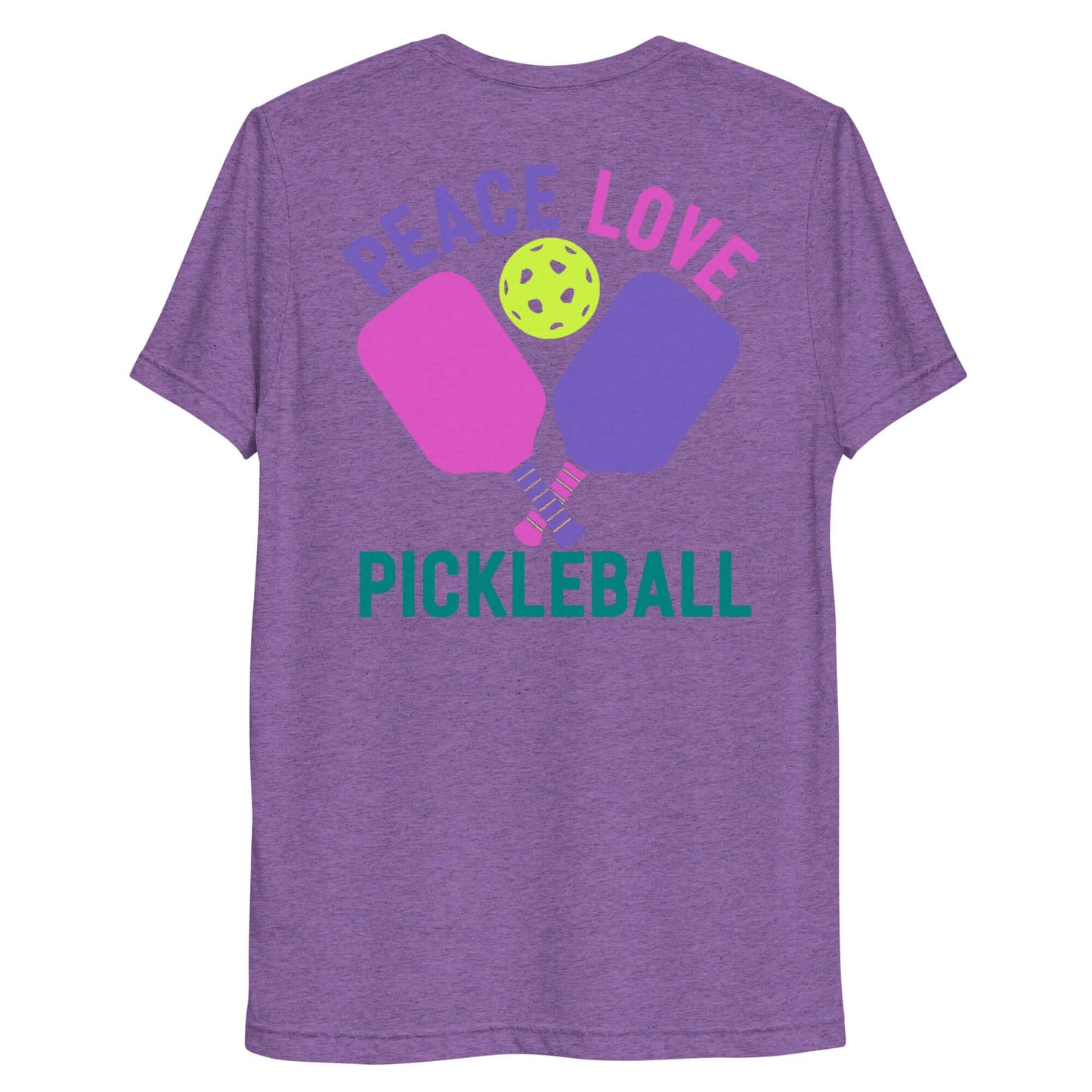 Purple short sleeve t-shirt featuring graphic design stating 'Peace Love Pickleball' with paddles and ball.