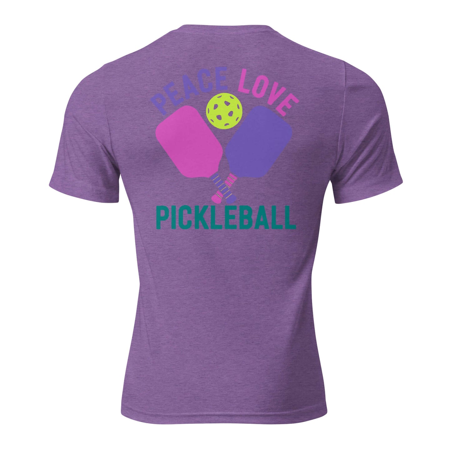 Back view of women's purple short sleeve t-shirt featuring pickleball paddles and the text 'Peace Love Pickleball'.