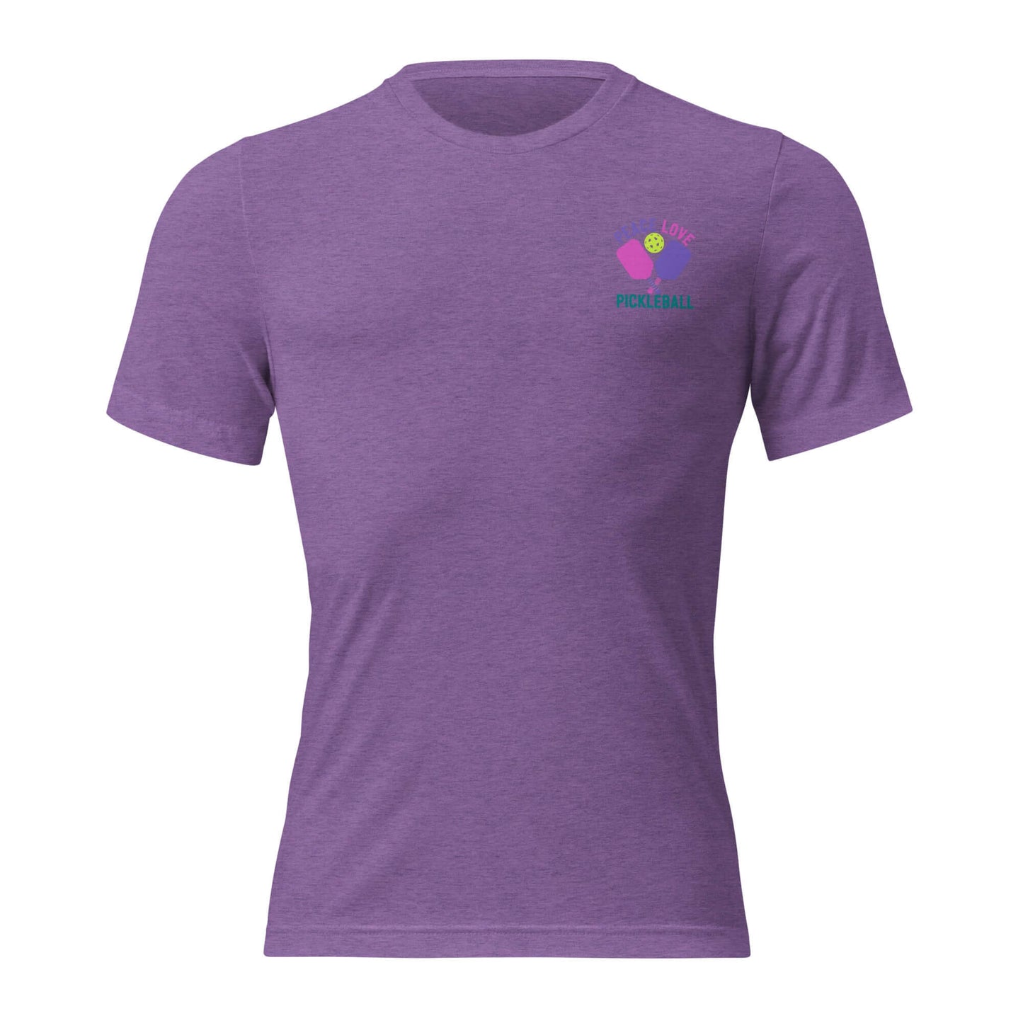 Women's purple Peace, Love, Pickleball short sleeve t-shirt, perfect for casual wear or pickleball matches.