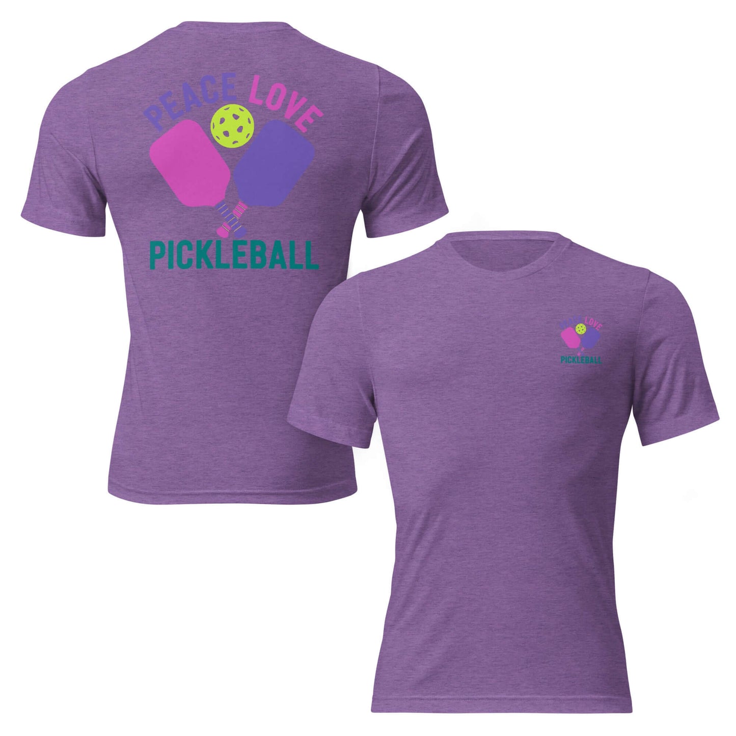 Women's purple Peace, Love, Pickleball short sleeve t-shirt, featuring vibrant graphics on front and back.