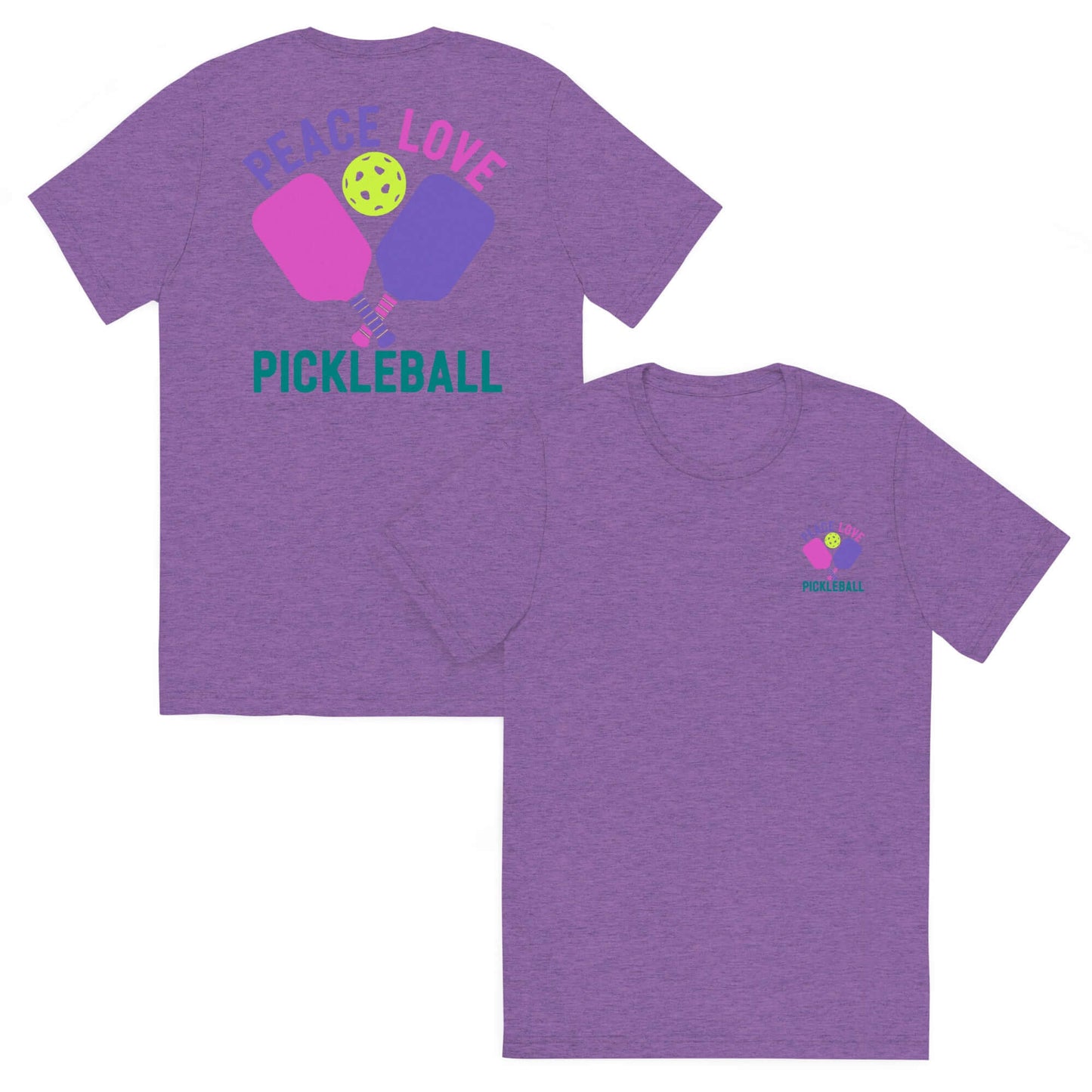 Women's purple Peace Love Pickleball short sleeve t-shirt, featuring graphic design on front and back, perfect for pickleball fans.