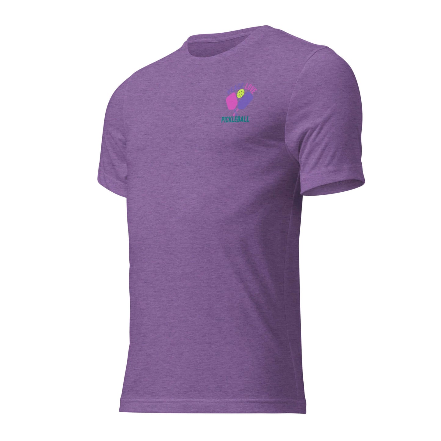 Women's purple short sleeve t-shirt featuring Peace, Love, Pickleball design, perfect for casual wear or sports.