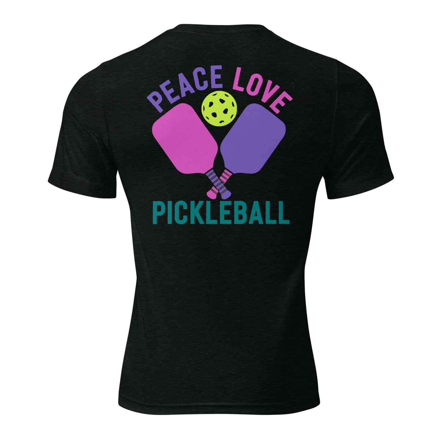 Back of Women's Peace, Love, Pickleball Short Sleeve T-Shirt featuring paddles and a ball design.