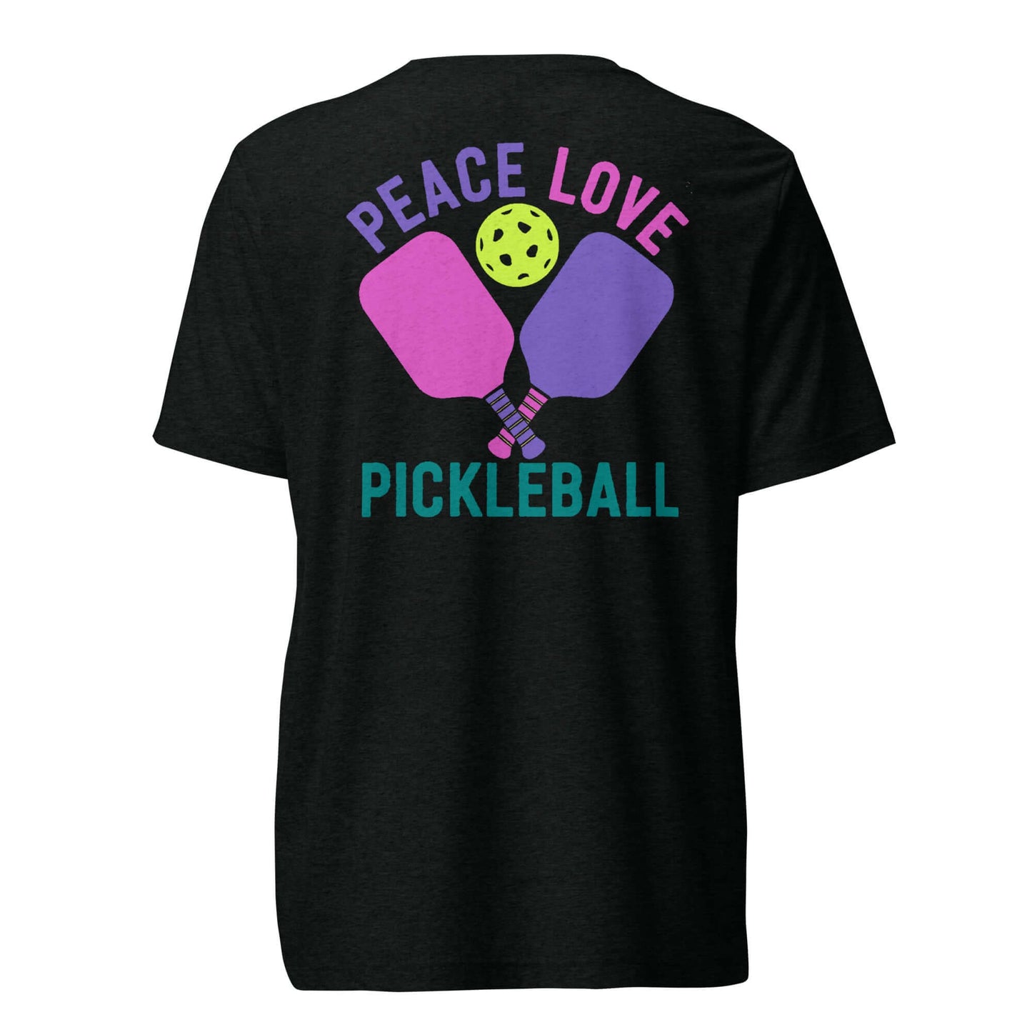 Back view of a black women's t-shirt with 'Peace Love Pickleball' design and colorful paddles and ball.