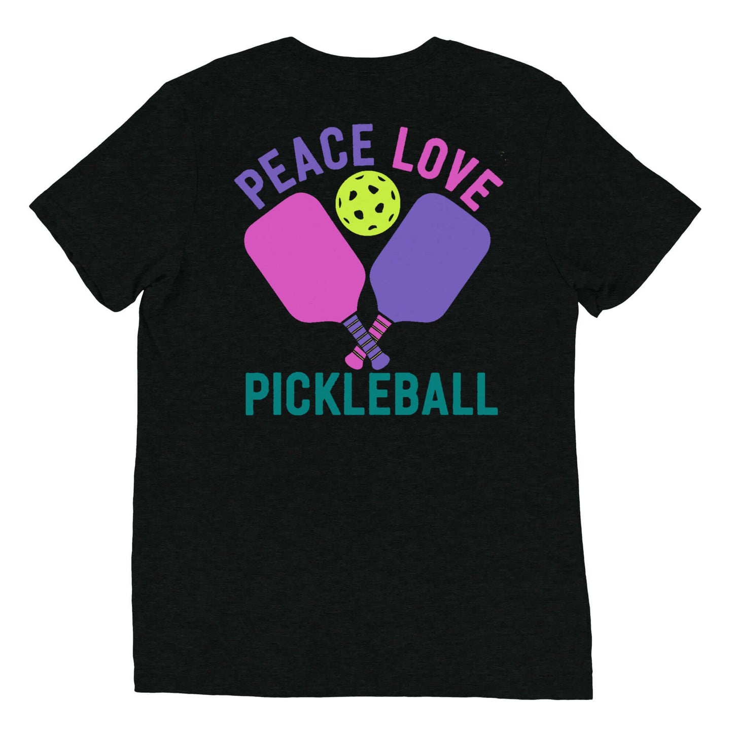 Back view of Women's short sleeve t-shirt featuring colorful pickleball paddles and text 'Peace Love Pickleball'.