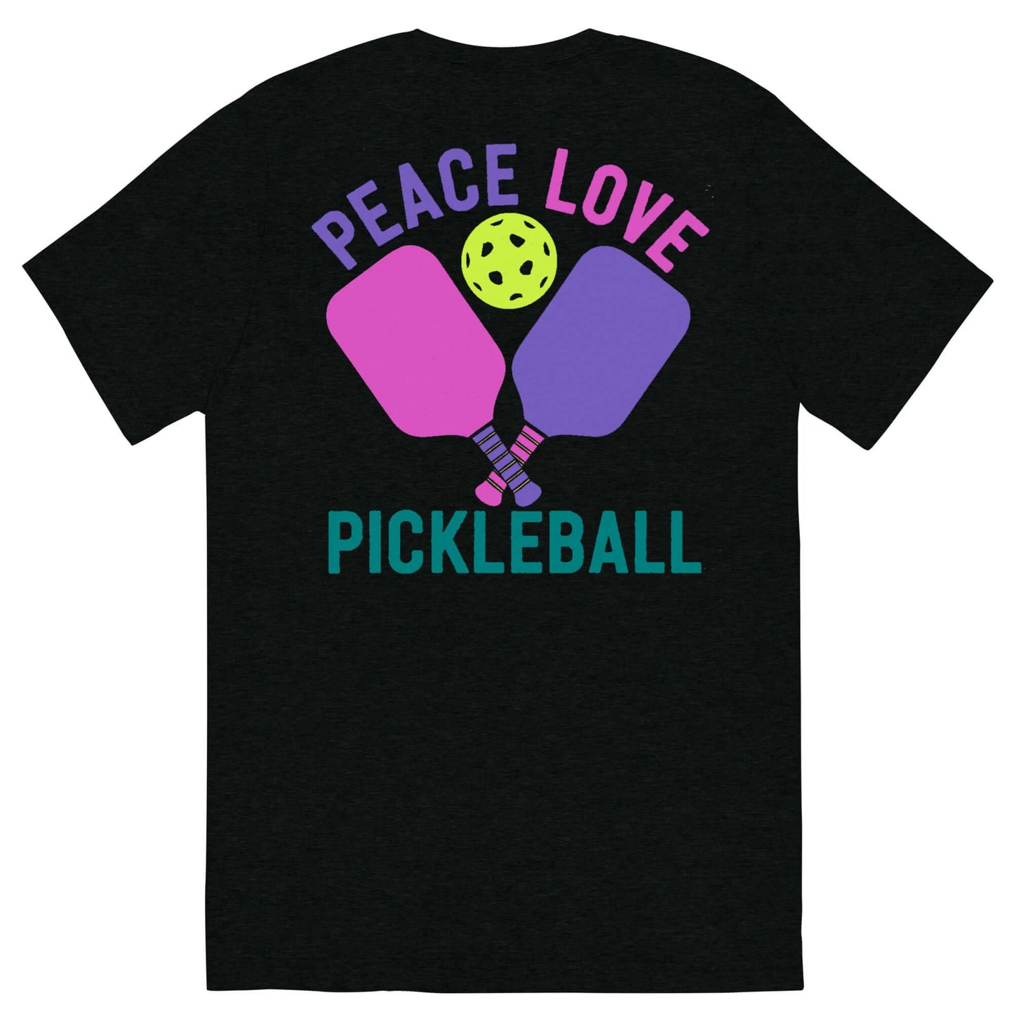 Back view of Women's Peace, Love, Pickleball T-Shirt featuring paddles and a pickleball graphic.