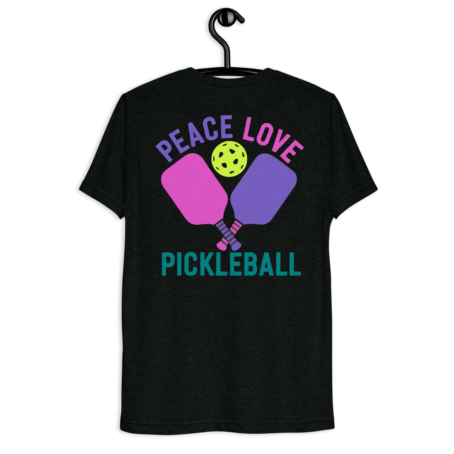 Black short sleeve t-shirt featuring 'Peace Love Pickleball' graphic with paddles and a ball.