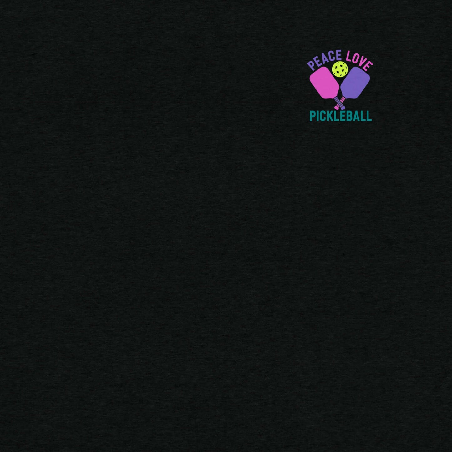 Women's Peace Love Pickleball graphic t-shirt design with vibrant colors and pickleball paddles.