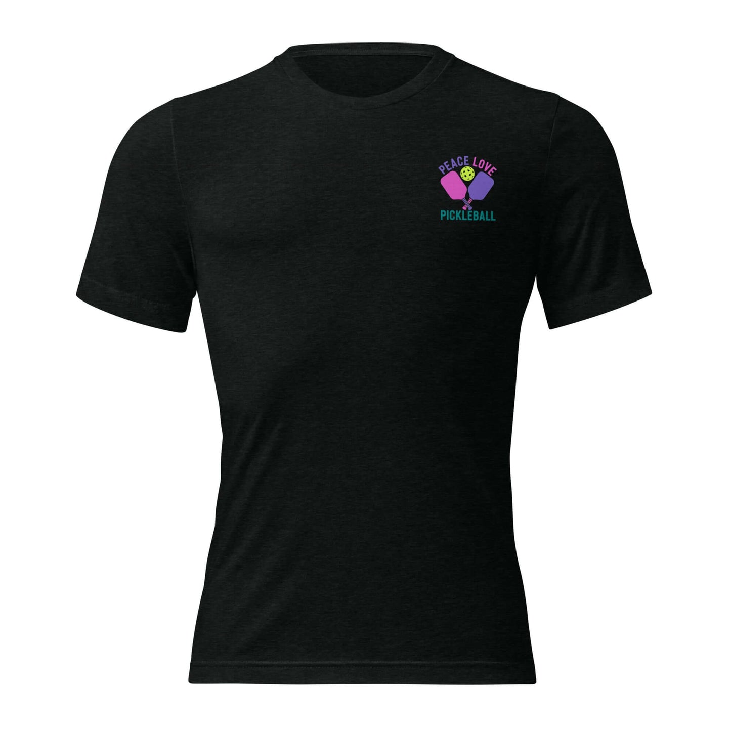 Women's black short sleeve t-shirt featuring 'Peace Love Pickleball' graphic, perfect for casual wear or sports.