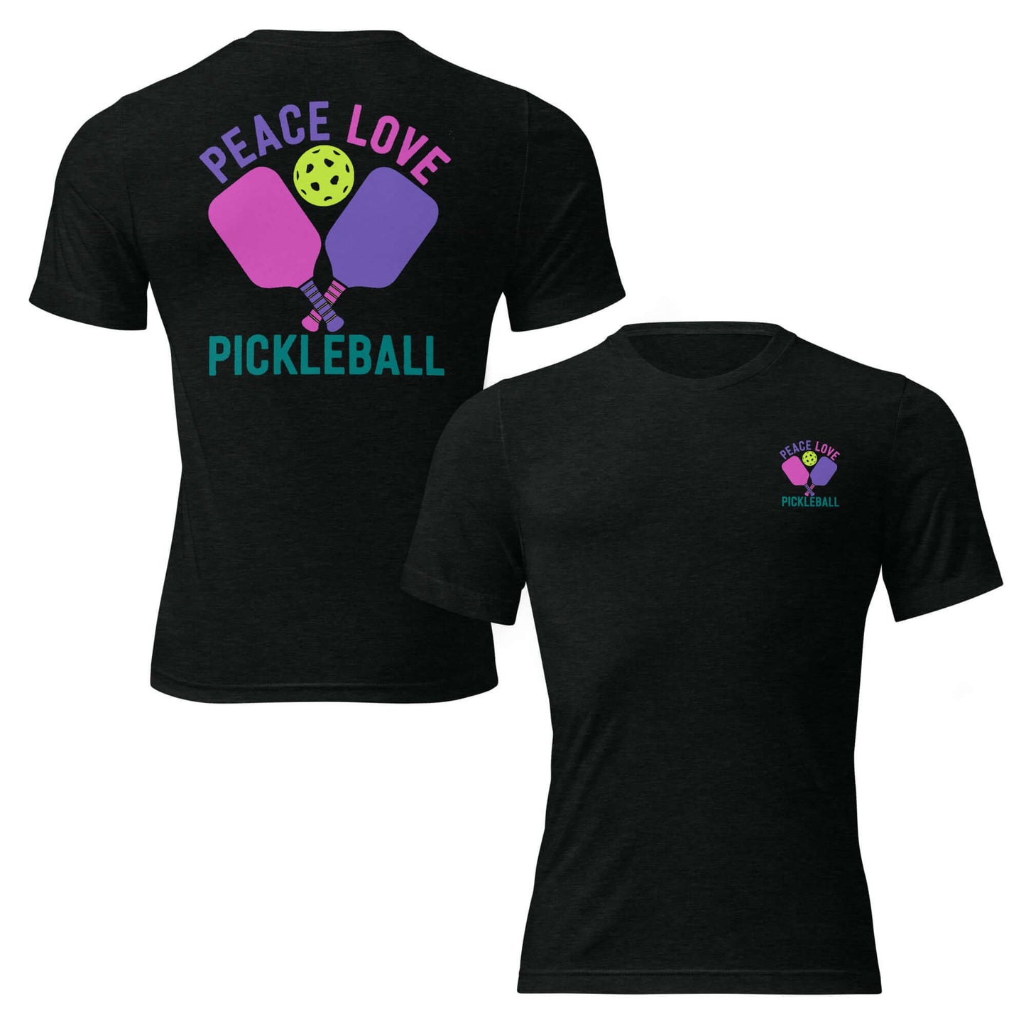 Women's Peace Love Pickleball Short Sleeve T-Shirt featuring colorful graphics and trendy design.