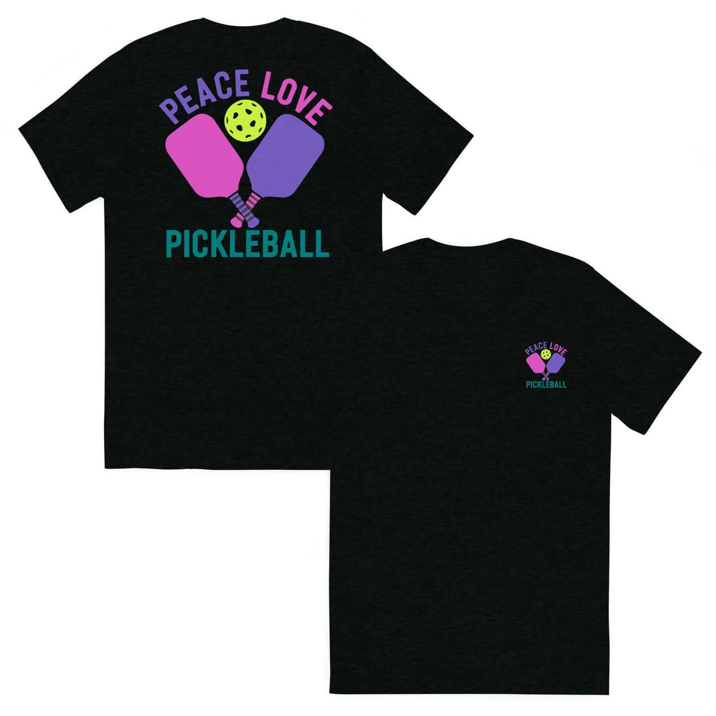Women's Peace, Love, Pickleball Short Sleeve T-Shirt featuring paddles and a ball design.