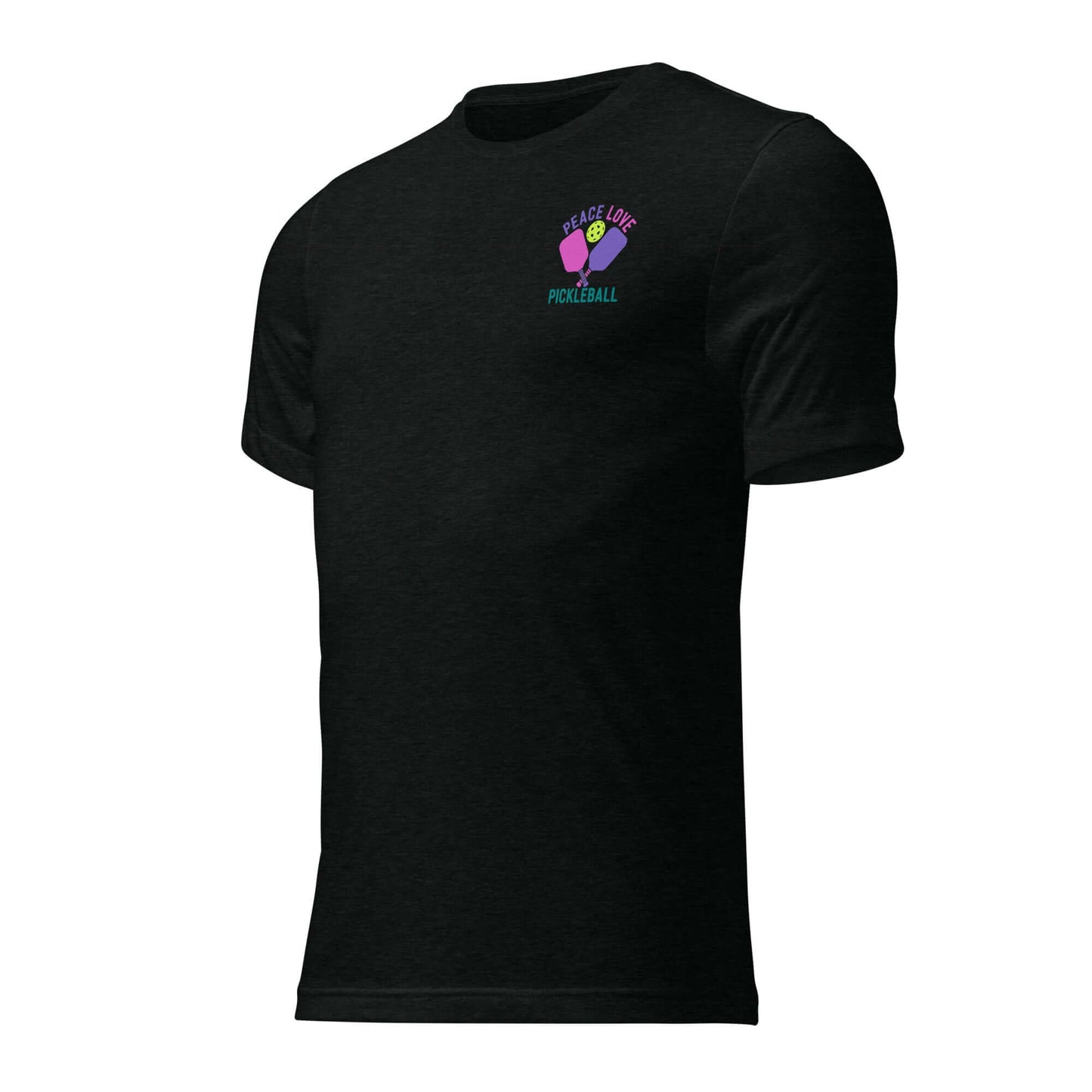 Women's Peace, Love, Pickleball Short Sleeve T-Shirt in black, featuring colorful graphic for pickleball enthusiasts.