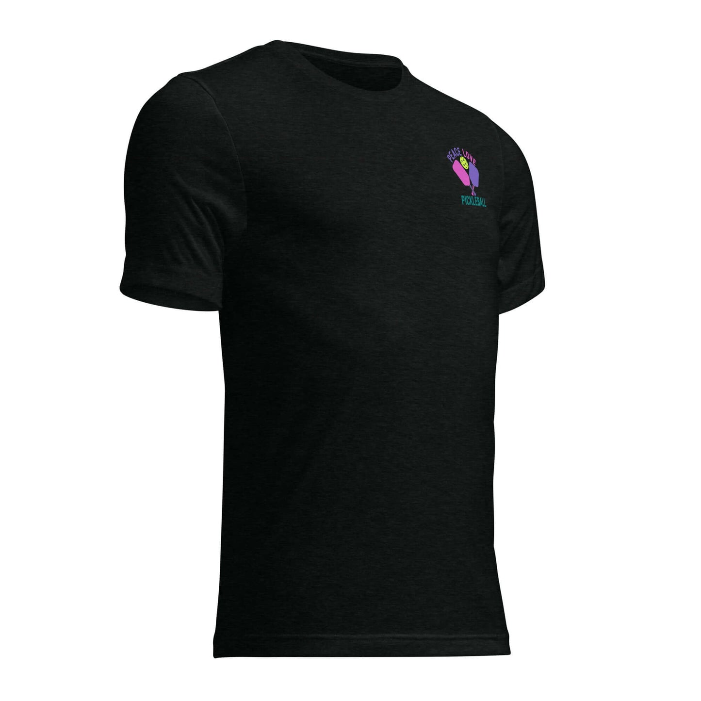 Black short sleeve t-shirt featuring colorful pickleball-themed design for women.