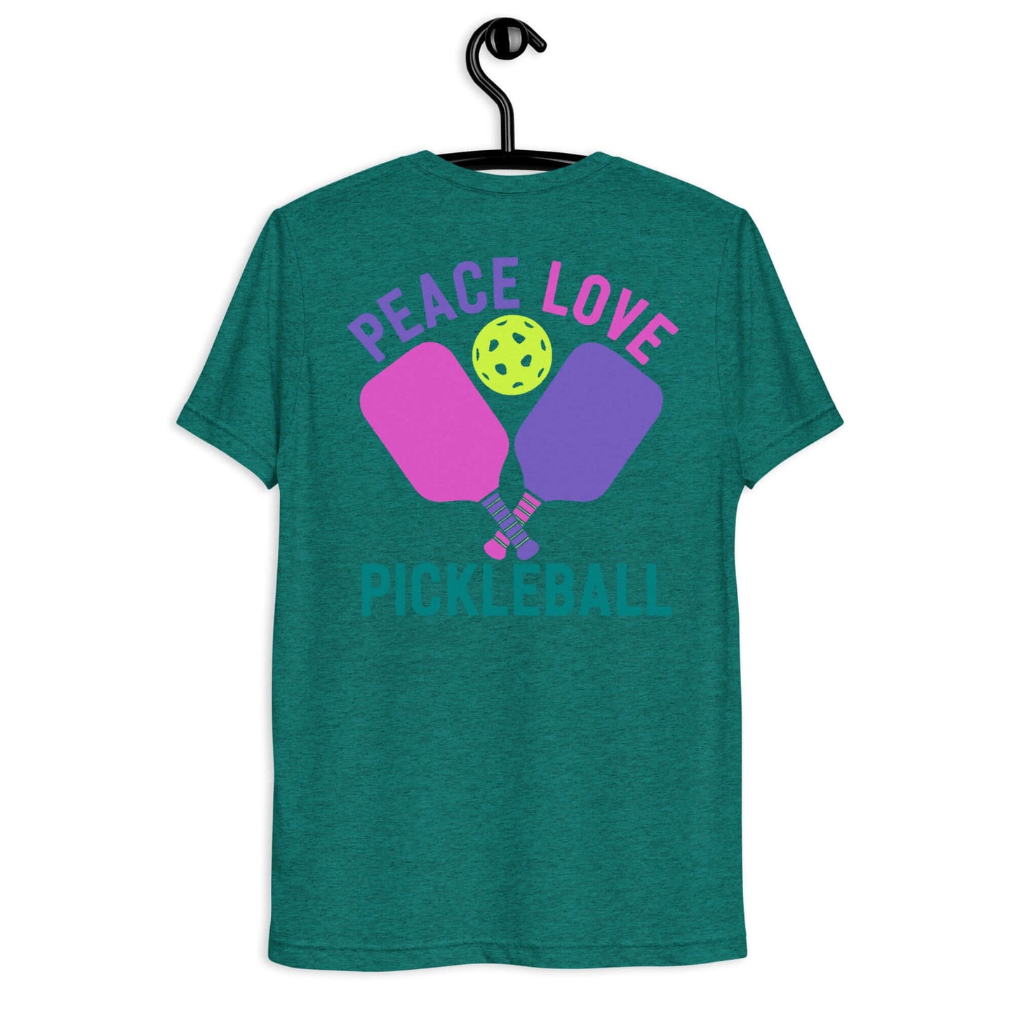 Back view of Women's Peace, Love, Pickleball Short Sleeve T-Shirt featuring colorful paddles and a ball design.