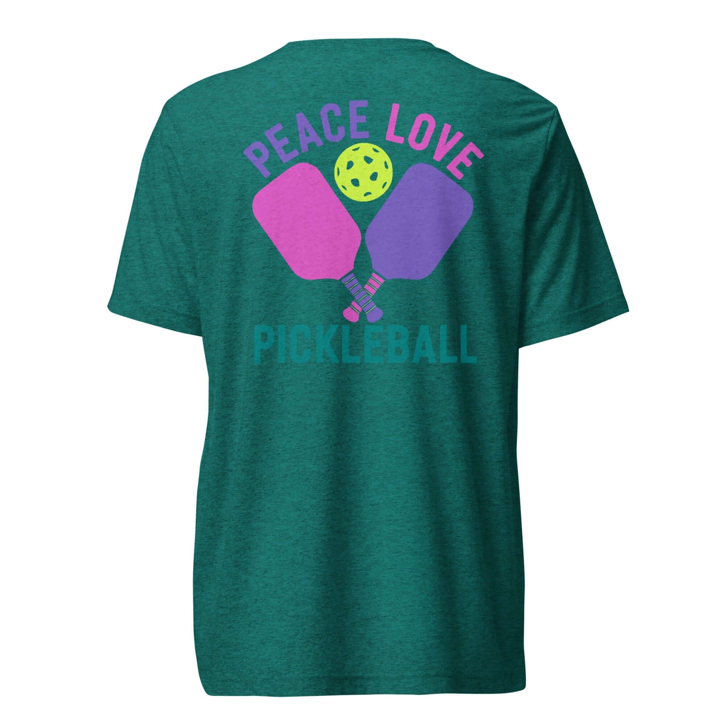 Back view of Women's Peace, Love, Pickleball Short Sleeve T-Shirt featuring colorful paddles and a pickleball graphic.