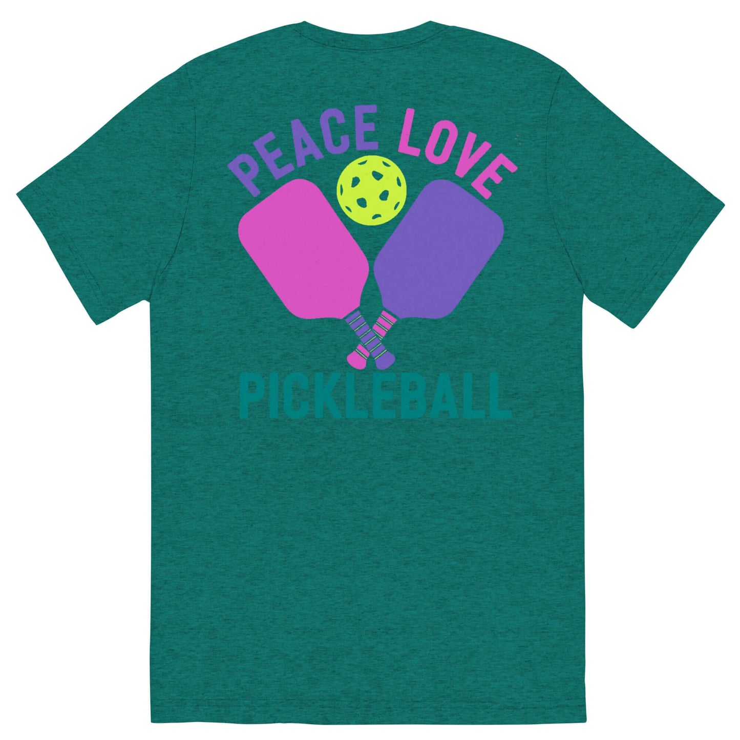 Women's short sleeve t-shirt featuring pickleball paddles and text 'Peace Love Pickleball' on a teal background.