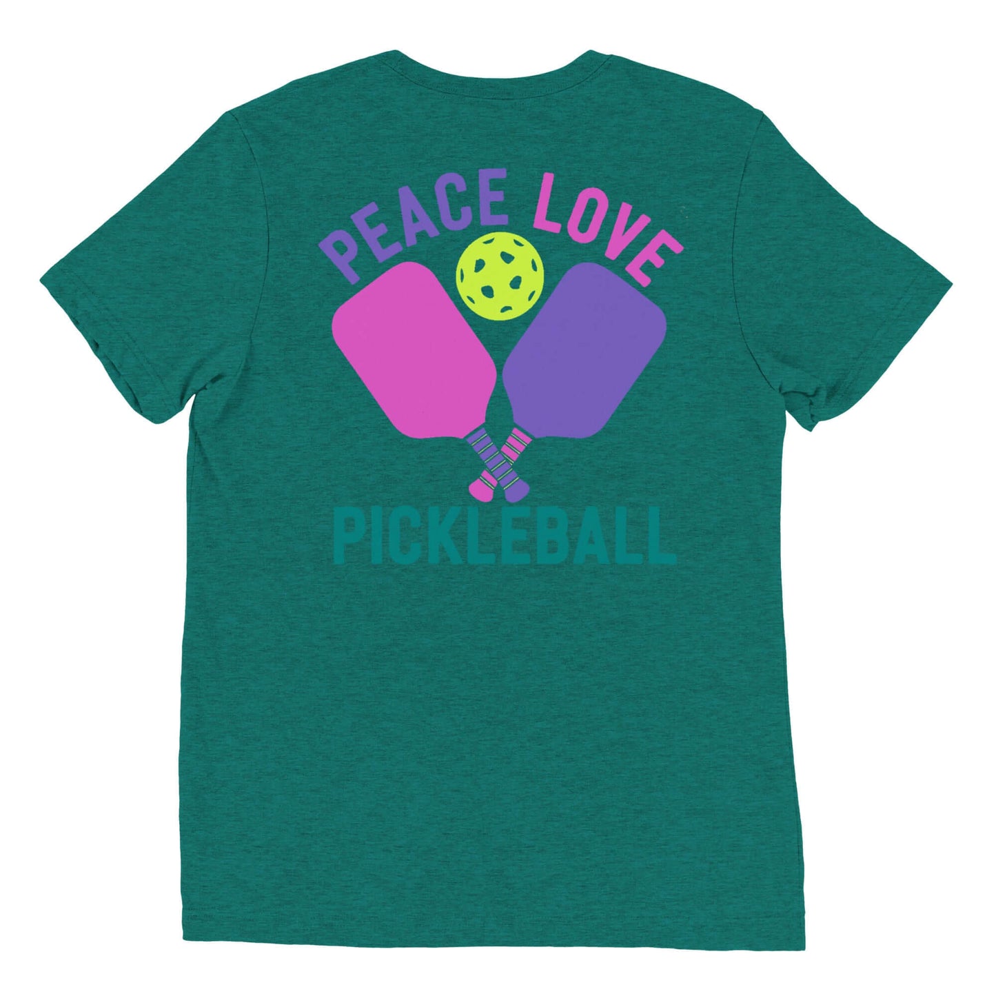Back view of Women's Peace Love Pickleball Short Sleeve T-Shirt featuring colorful paddles and a ball design.