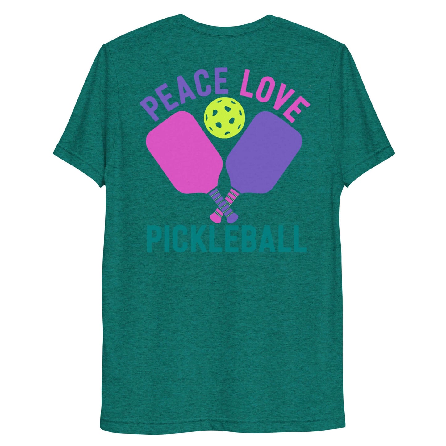 Back view of Women's Peace, Love, Pickleball T-Shirt with colorful paddles and a pickleball graphic.