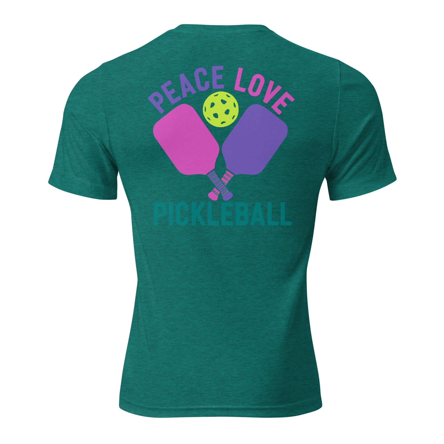 Back view of Women's Peace, Love, Pickleball T-Shirt featuring paddles and a ball design.