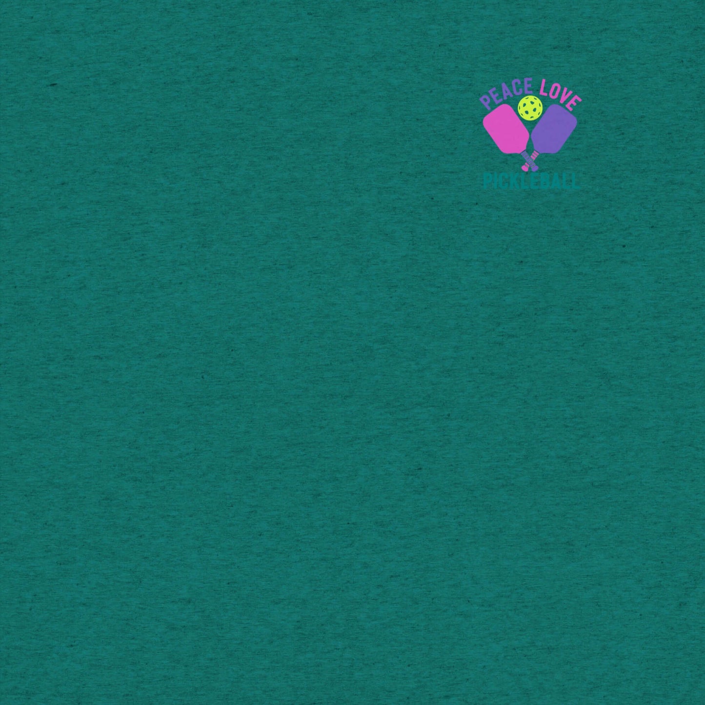 Women's Peace, Love, Pickleball T-Shirt design with a playful graphic on a teal background.