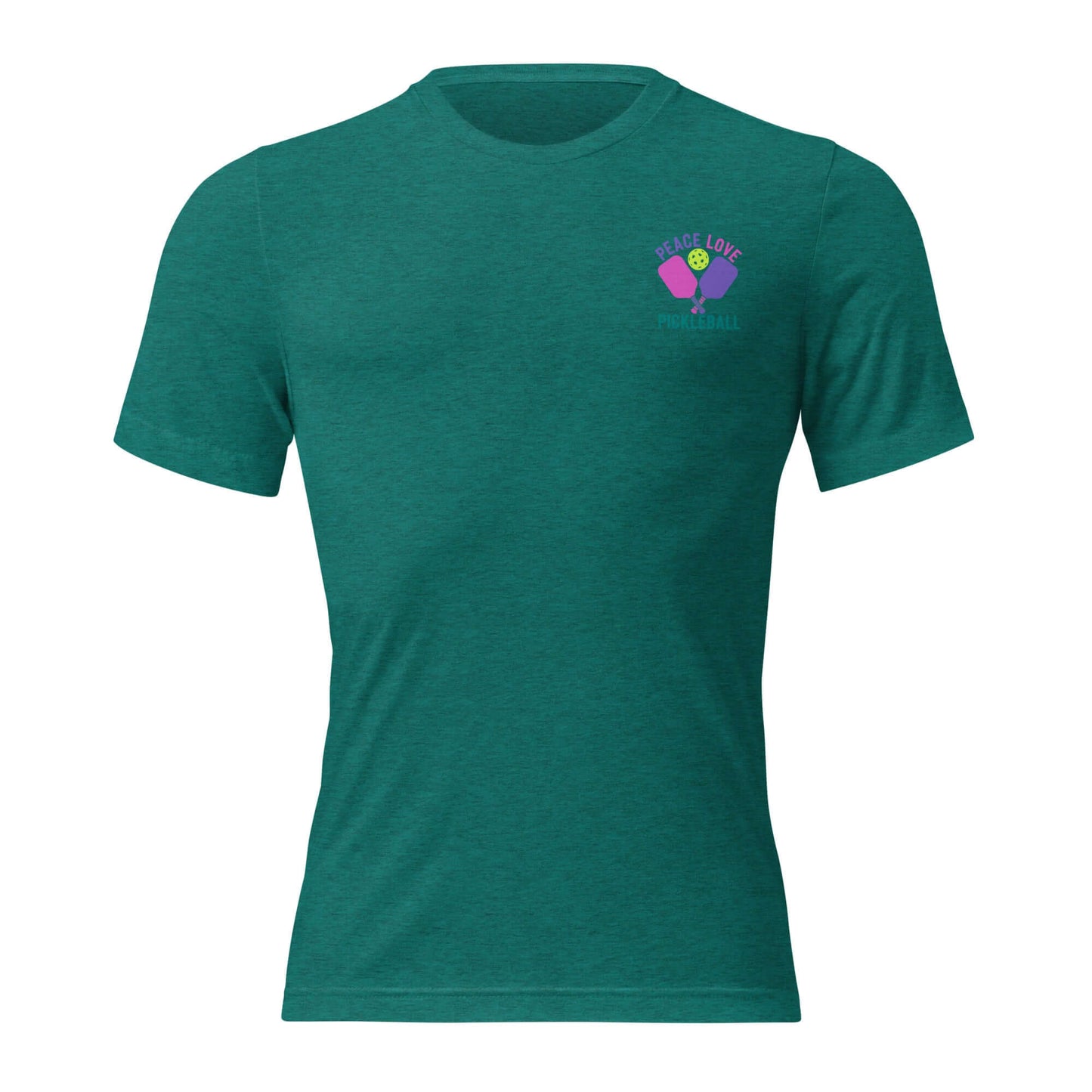 Women's Peace, Love, Pickleball Short Sleeve T-Shirt in vibrant teal color featuring pickleball graphic.