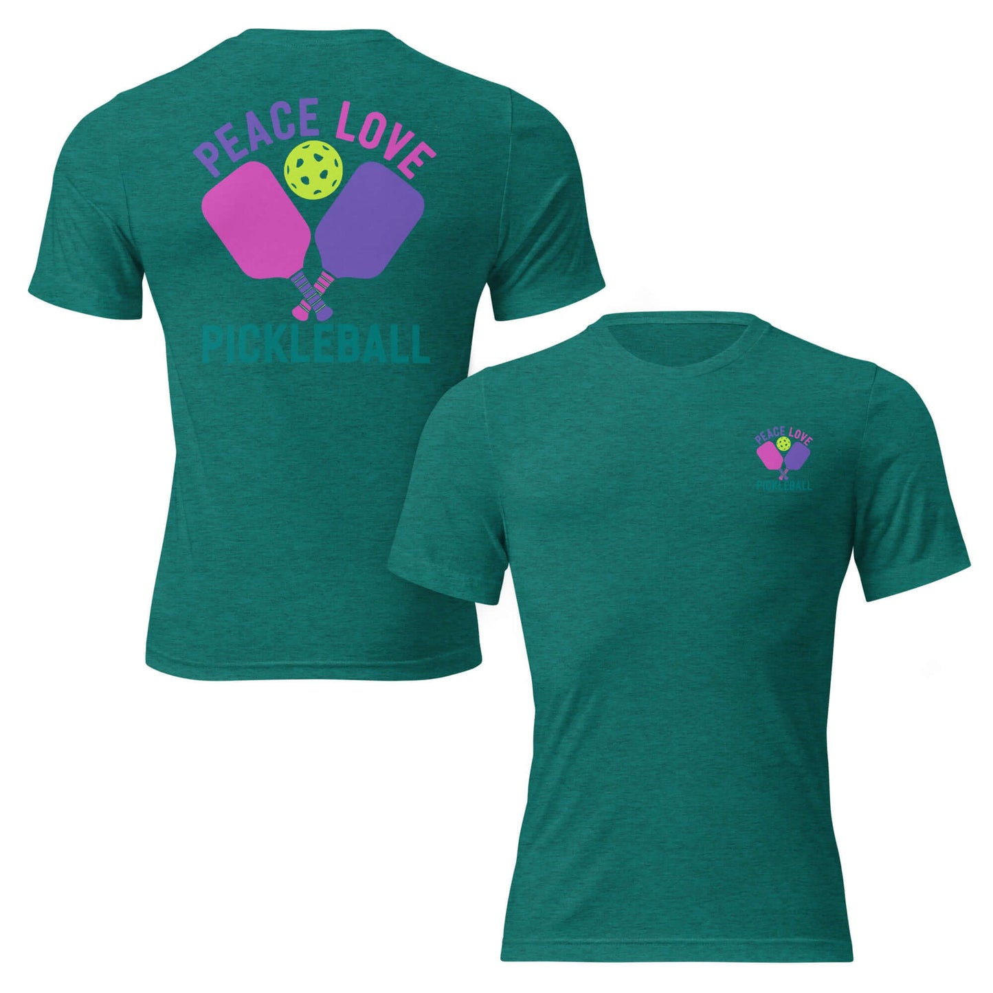 Women's green short sleeve t-shirt featuring "Peace Love Pickleball" graphic with paddles and a ball.